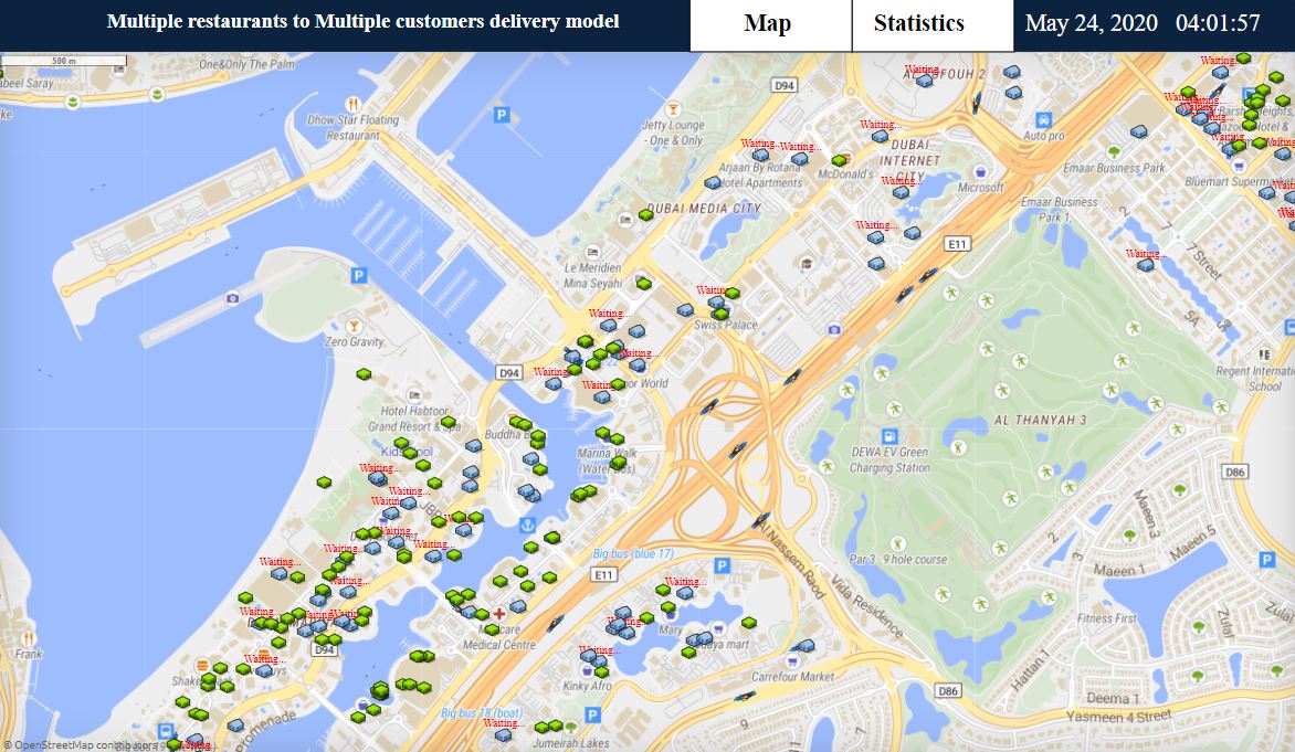 This model simulates on-demand food delivery in the west zone of Dubai, encompassing 172 restaurants and 117 residential buildings with randomly generated orders every two hours. A fleet of couriers stationed in a parking area is dispatched based on four delivery queueing methods: single restaurant to single customer (One-to-One), multiple restaurants to multiple customers using either a first-in, first-out sequence (Many-to-Many FIFO), a nearest pickup/delivery node approach (Many-to-Many Nearest), or a heuristic simulated annealing routing sequence (Many-to-Many SA). The model operates as a multi-method simulation where couriers, customers, and restaurants act as agents with custom behaviors within a GIS space, using real road networks for movement. Initial locations are determined via a built-in database, and a GIS search engine places agents accurately on the map. The system features a dynamic diagram of delivery methods and a flowchart to simulate order processing.